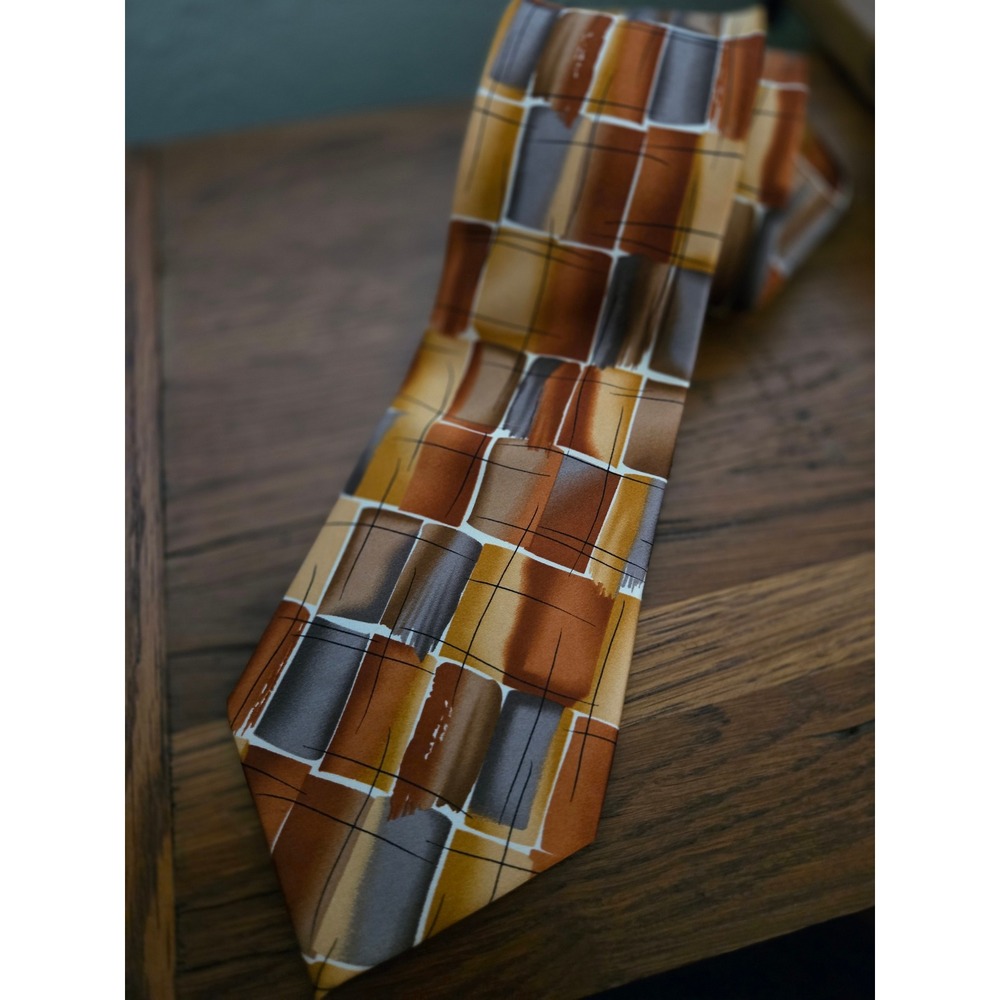 J. Garcia Mixmaster Collection Fifty-Eight Silk Tie Brown Gold Abstract Art 4"